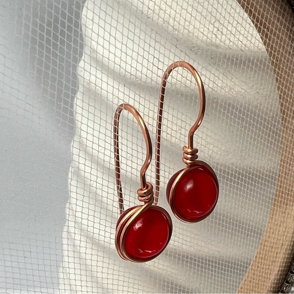 Red Jade and Copper Wire Wrapped Minimalist Earrings - Picture 6 of 13